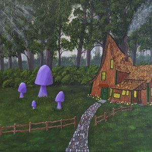 Elf cottage in the Forest with purple mushrooms Painting